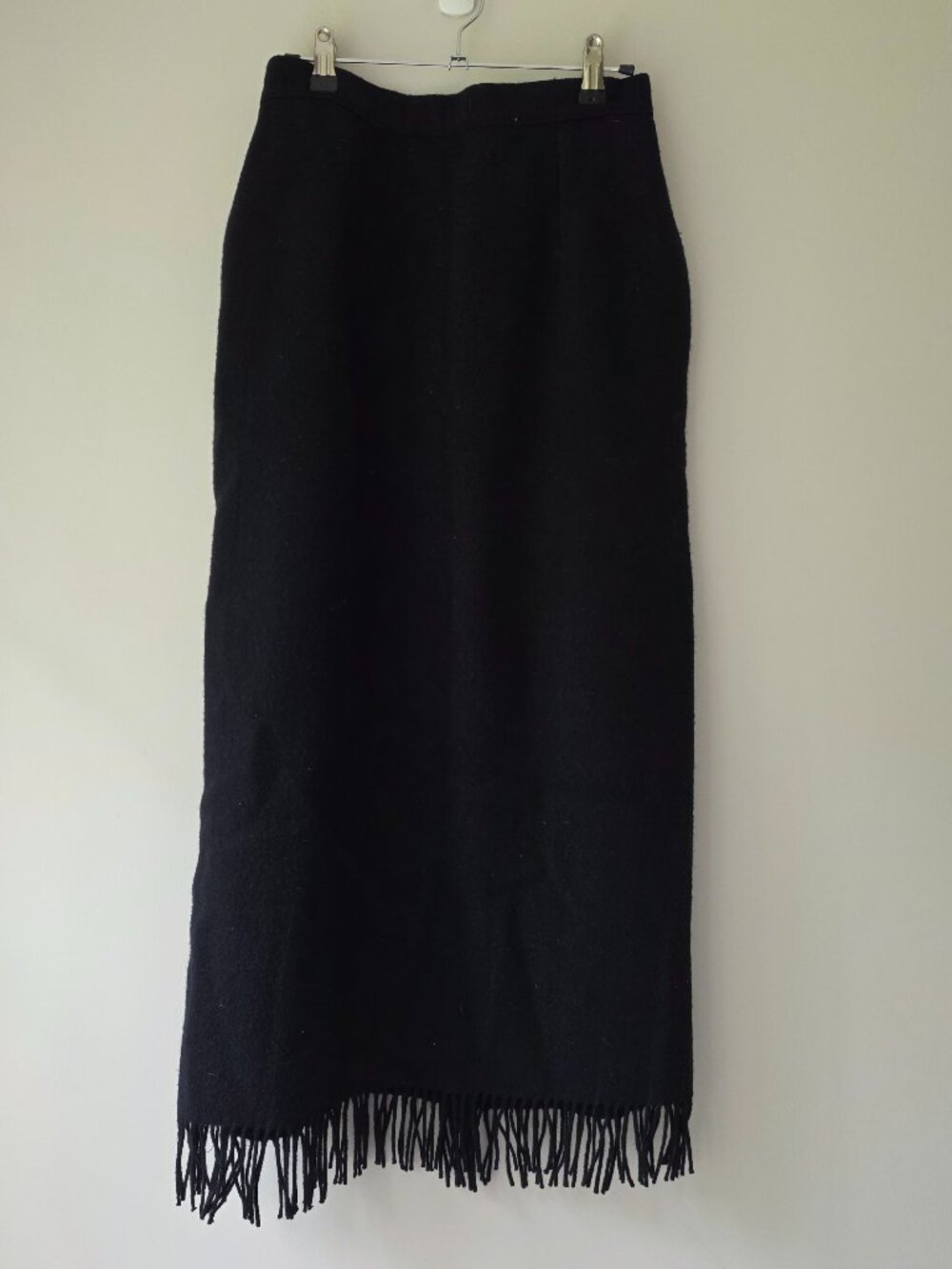 Vintage Woolrich Wool Blend Fringe Hem Maxi Skirt | 8 | Black Tailored Lined EUC
